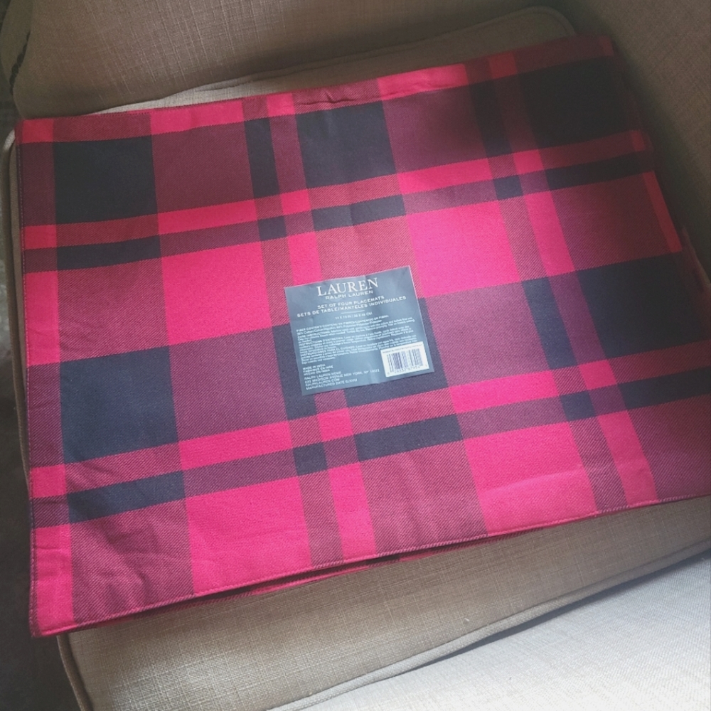 New Ralph Lauren plaid buffalo check placemats set of 6 red black
